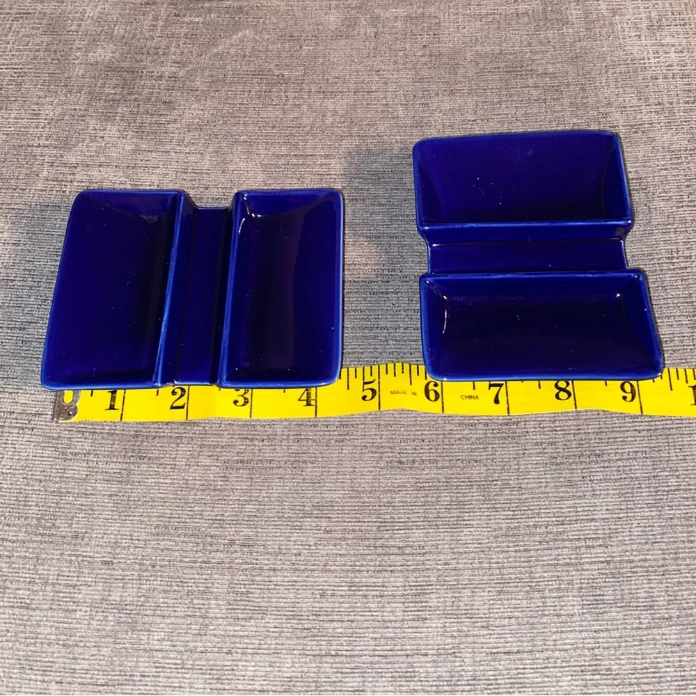 2 Crate & Barrel Cobalt Blue Ceramic Sushi Dipping Plates with Chopstick Rest